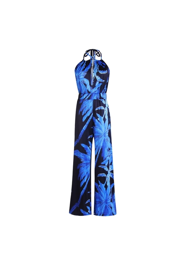 Women Jumpsuits Deep V Printed Halter Lace Up Backless Loose Straight Leg Jumpsuit for Spring and Summer Blue XXL