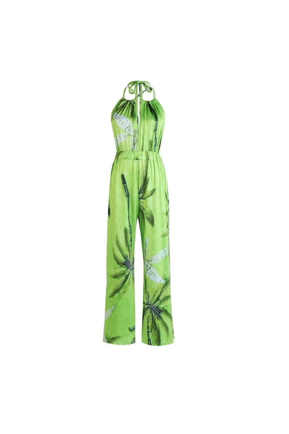 Women Jumpsuits Deep V Printed Halter Lace Up Backless Loose Straight Leg Jumpsuit for Spring and Summer Green XXL