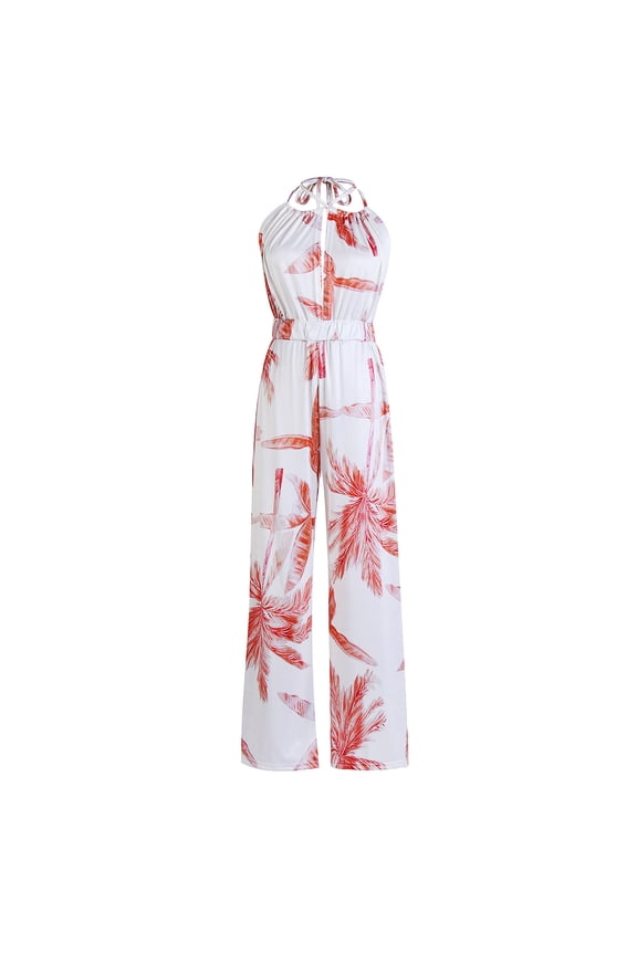 Women Jumpsuits Deep V Printed Halter Lace Up Backless Loose Straight Leg Jumpsuit for Spring and Summer Pink and White XXL