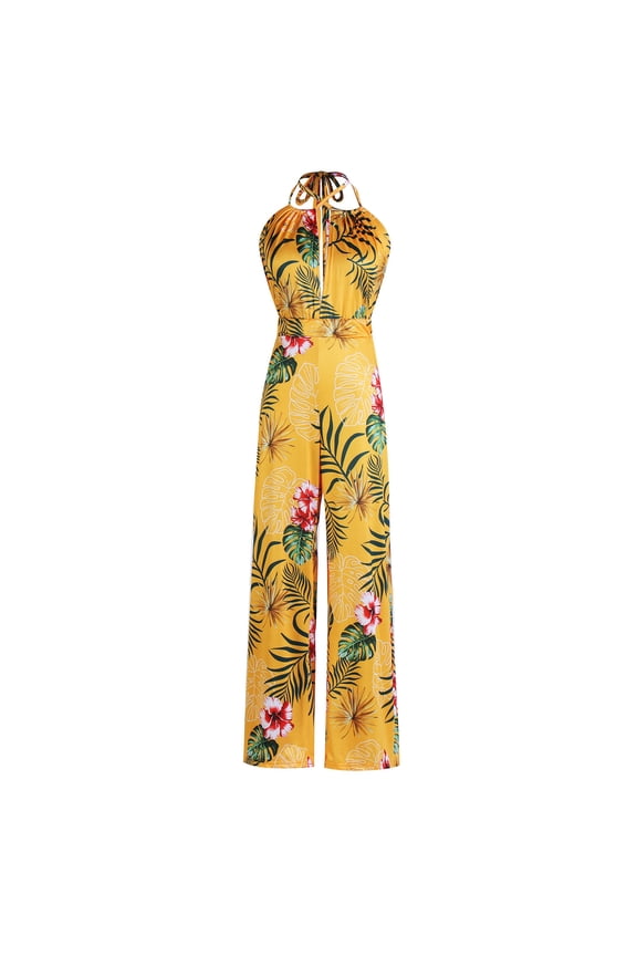 Women Jumpsuits Deep V Printed Halter Lace Up Backless Loose Straight Leg Jumpsuit for Spring and Summer Yellow XL