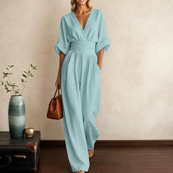 Women Jumpsuits for Elegant V Neck Long Sleeve Casual for Work Wide Leg Pants with Pockets Belt, Wedding Guest Wide Leg Sleeves Jumpsuits(Light Blue,XXXL)