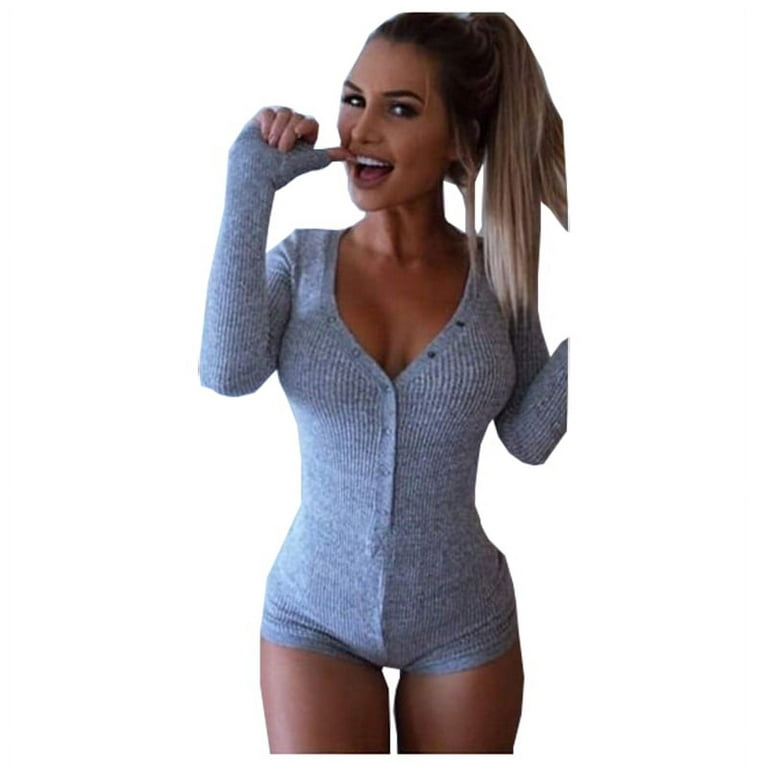 Women Jumpsuits Sexy Solid Skinny Button Deep V Neck Bodysuit Stretch Long  Sleeve Jumpsuit Shorts Pants 