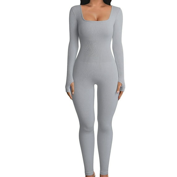 Women Jumpsuits Solid Color Square Neck Long Sleeve Long Rompers Spring Autumn Skinny One-Piece
