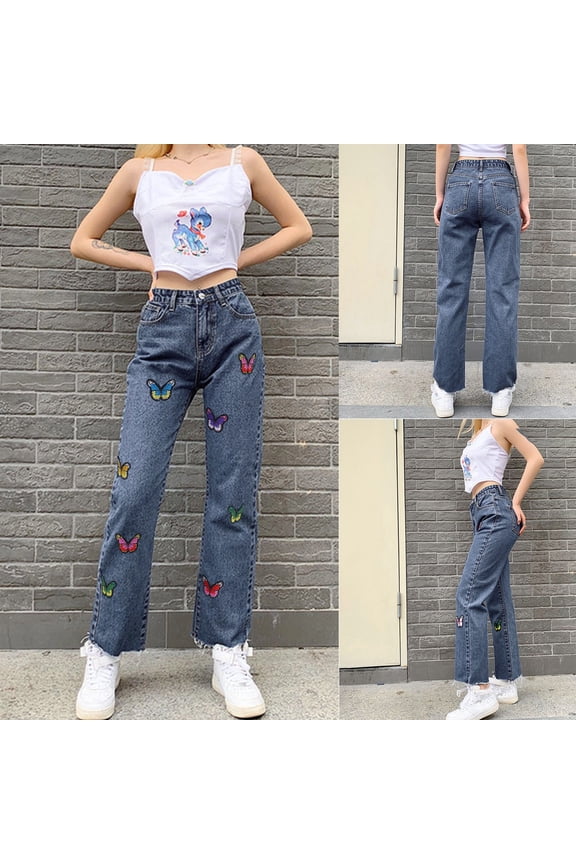 Women Jungfrau Style High Waist And Slim Embroidered Straight Jeans Women High Waist Pants Jean Designer Wide Leg Pants for Women Womens Pants with Pockets plus Size Women Clothes Jean Pants for Women