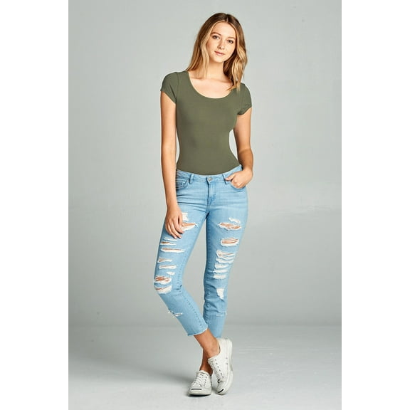 Women & Junior Solid Basic Short Sleeve Scoop Neck Bodysuit