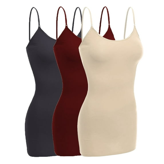 Women & Juniors Basic Layering Built in Bra Spaghetti Strap Long Cami Top Tank