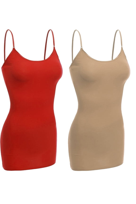 Women & Juniors Basic Layering Built in Bra Spaghetti Strap Long Cami Top Tank