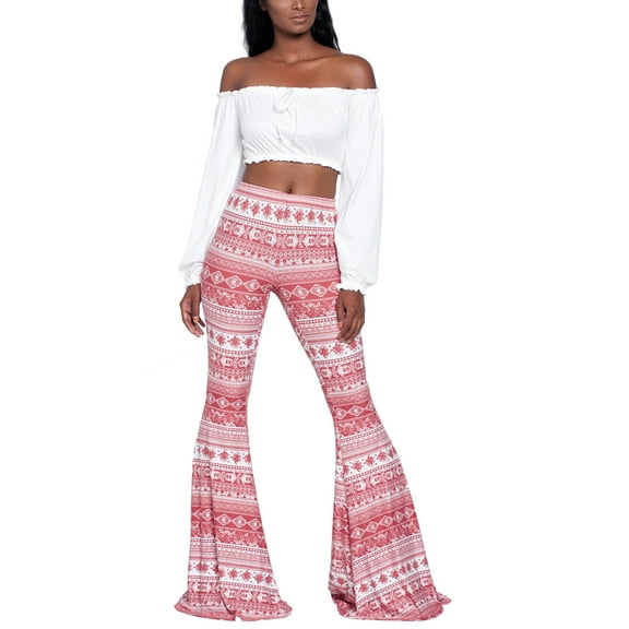 Women Juniors Boho Vintage Stretchy Bell Bottom High Waist Flare Pants Hippie Baggy Wide Leg Palazzo Trousers