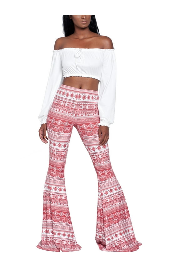 Women Juniors Boho Vintage Stretchy Bell Bottom High Waist Flare Pants Hippie Baggy Wide Leg Palazzo Trousers