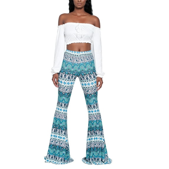 Women Juniors Boho Vintage Stretchy Bell Bottom High Waist Flare Pants Hippie Baggy Wide Leg Palazzo Trousers