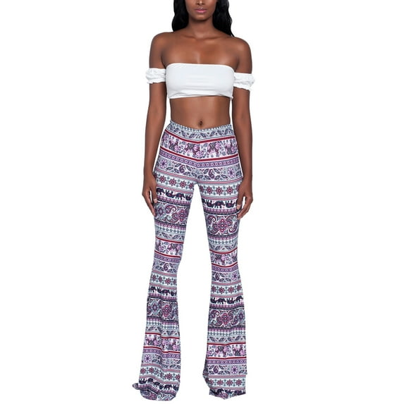Women Juniors Boho Vintage Stretchy Bell Bottom High Waist Flare Pants Hippie Baggy Wide Leg Palazzo Trousers