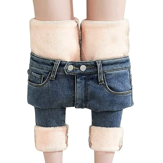 Women Juniors Winter Jeans High Waist Fleece Lined Thick Skinny Warm Thermal Fashion Denim Pants