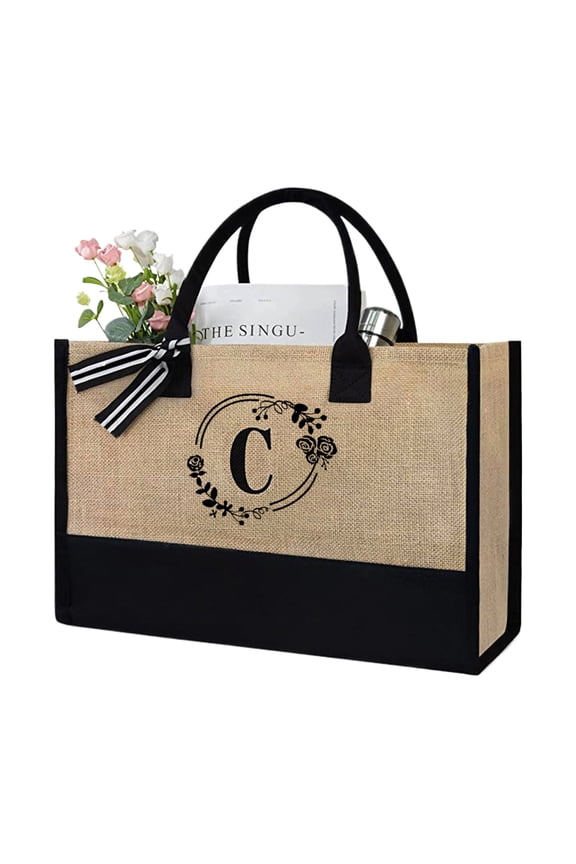Women Jute Tote Bag Letter C Large Capacity Summer Beach Bag For Birthday Gifts Fashion Bag