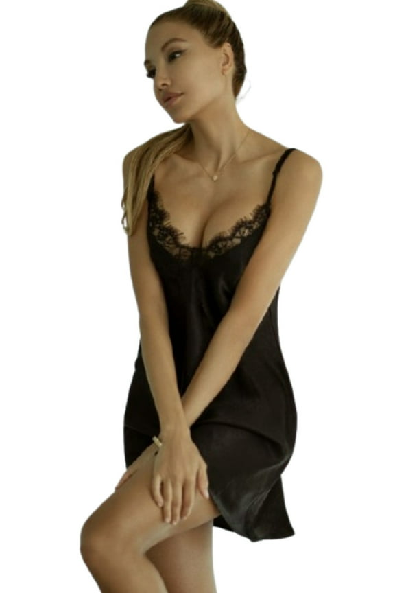 Women KILLER LEGS - Sweet Dreams V-neck Bias Cut Slip Dress, Black, S