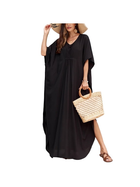 Women Kaftan Dress Batwing Sleeve Plus Size Swimsuit Cover Up Maxi Caftan Dresses Black One Size