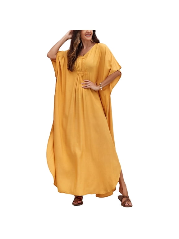Women Kaftan Dress Batwing Sleeve Plus Size Swimsuit Cover Up Maxi Caftan Dresses Yellow One Size