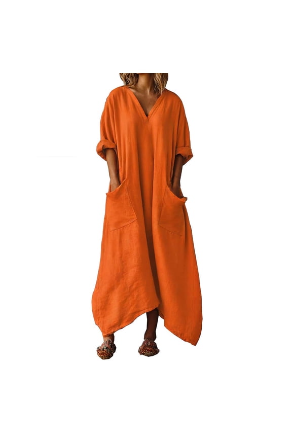 Women Kaftan Dresses Baggy Cotton Linen Maxi Dress V Neck 3/4 Sleeve Asymmetrical Hem Casual Long Dress with Pocket