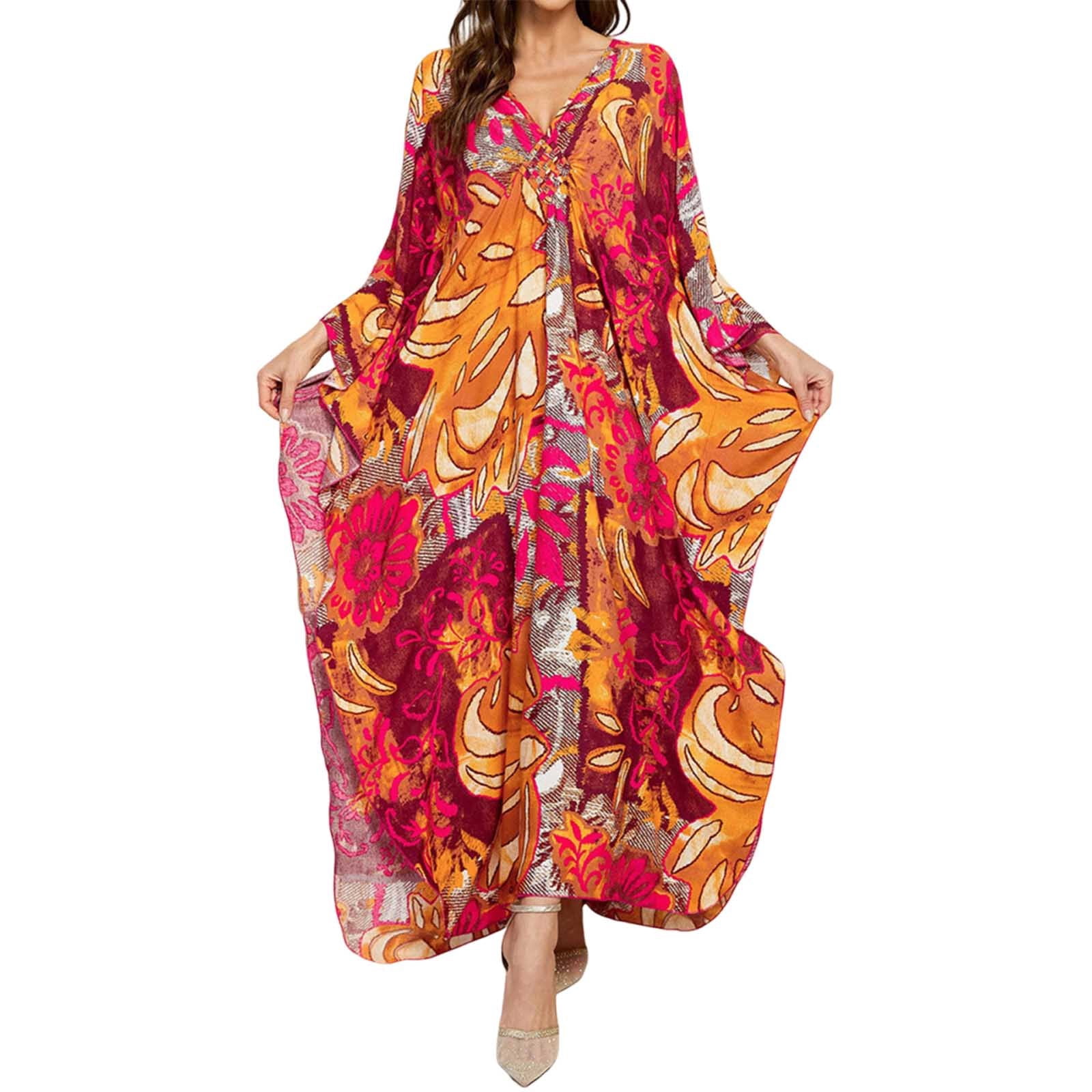Women Kaftan Dresses Cover Ups Vintage Boho Printed Long Sleeve V Neck Beach Dress Lightweight Vacation Sheer Bathing Suits