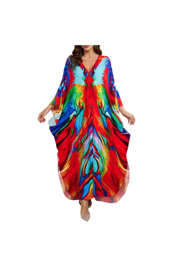 Women Kaftan Dresses Cover Ups Vintage Boho Printed Long Sleeve V Neck Beach Dress Lightweight Vacation Sheer Bathing Suits