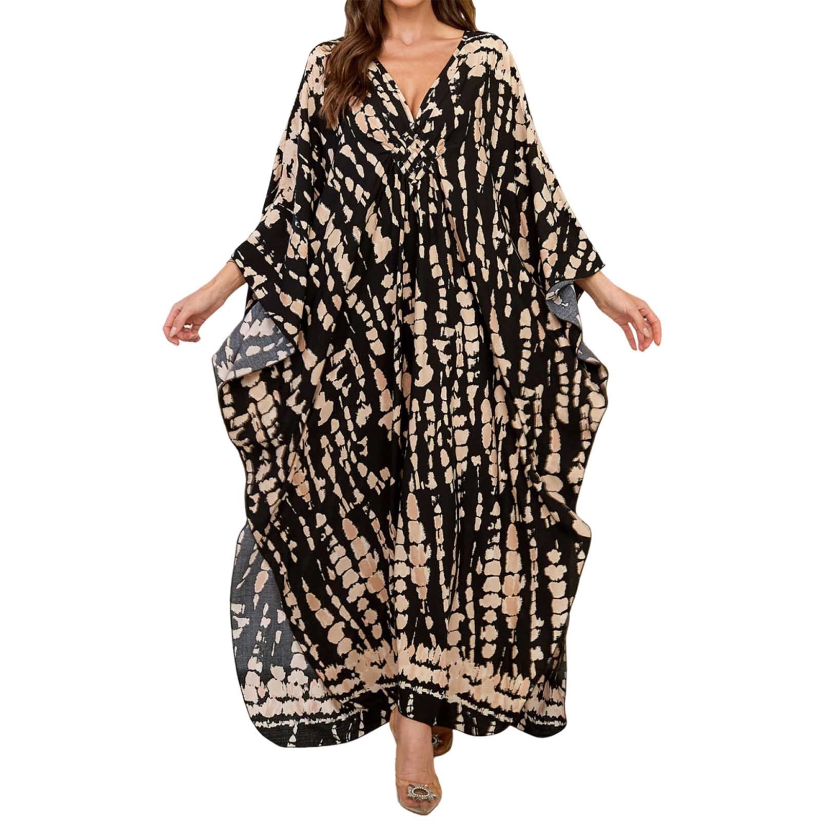 Women Kaftan Dresses Cover Ups Vintage Boho Printed Long Sleeve V Neck Beach Dress Lightweight Vacation Sheer Bathing Suits