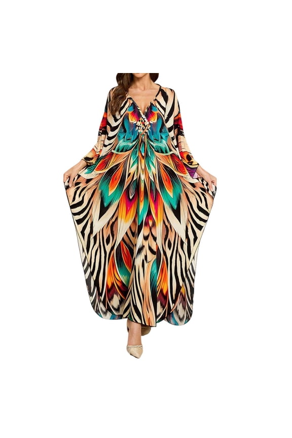Women Kaftan Dresses Cover Ups Vintage Boho Printed Long Sleeve V Neck Beach Dress Lightweight Vacation Sheer Bathing Suits