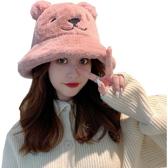 Women Kawaii Bear Ear Bucket Hat Cute Sherpa Fleece Fisherman Beanie Hats Winter Warm Japanese Korean Preppy Caps