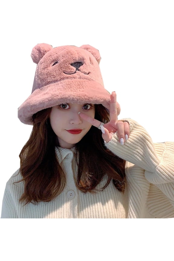 Women Kawaii Bear Ear Bucket Hat Cute Sherpa Fleece Fisherman Beanie Hats Winter Warm Japanese Korean Preppy Caps
