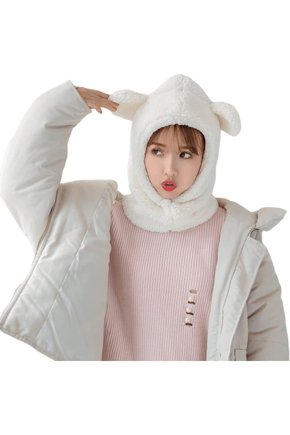 Women Kawaii Bear Ear Furry Sherpa Beanie Hat - Winter Warm Faux Fur Fleece Fuzzy Fluffy Balaclava Hat Cute Plush Skull Cap