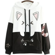 Women Kawaii Hoodie Sweater, Cat Meow Neko Girl Long Sleeve Japanese Sweatshirt Pullover for Winter Fall