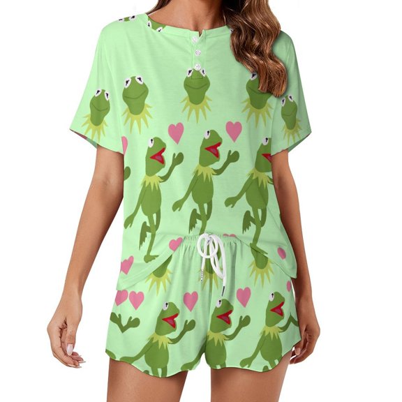 Women Ker-mit The Fro Summer Pajamas Set Loungewear Sleepwear Short Sleeve Shirt with Shorts