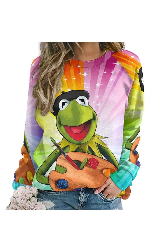 Women Kermit The Frog Sweatshirts Long Sleeve Shirts Pullover Crewneck Shirts Tops