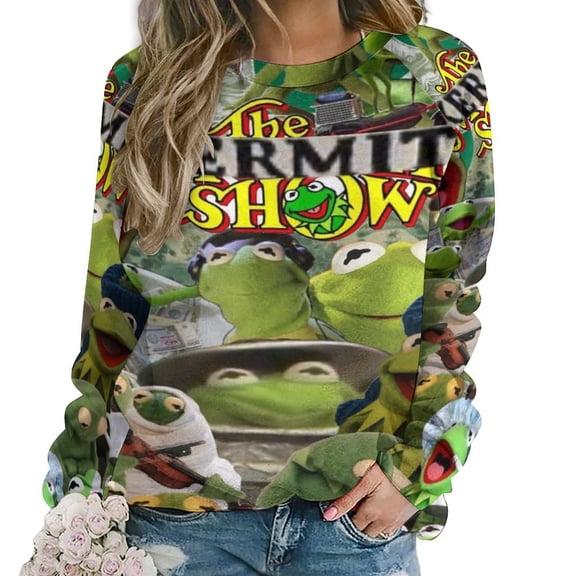 Women Kermit The Frog Sweatshirts Long Sleeve Shirts Pullover Crewneck Shirts Tops