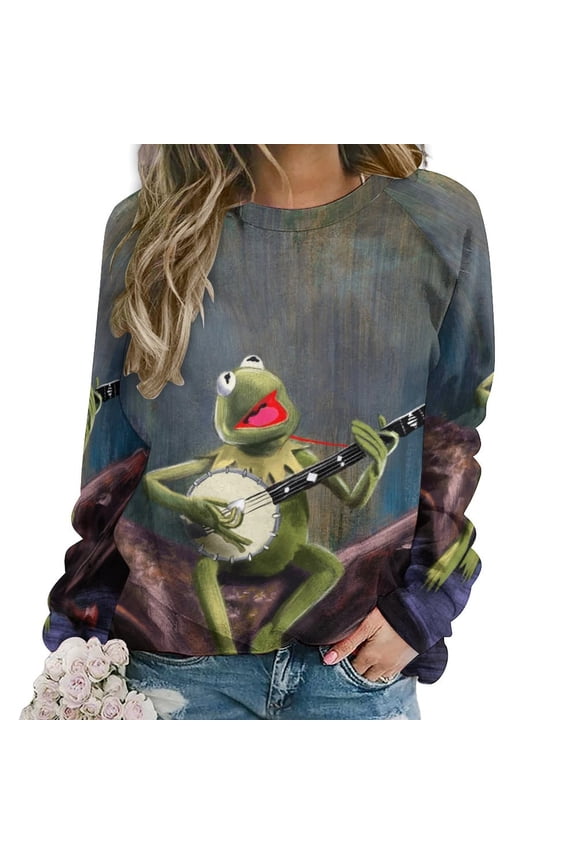Women Kermit The Frog Sweatshirts Long Sleeve Shirts Pullover Crewneck Shirts Tops