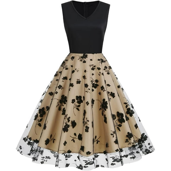 Women Keyhole Floral Embroidery Dress Sheer Mesh Illusion Vintage Cocktail Swing Dress Wedding Party Prom Tulle Evening Dress