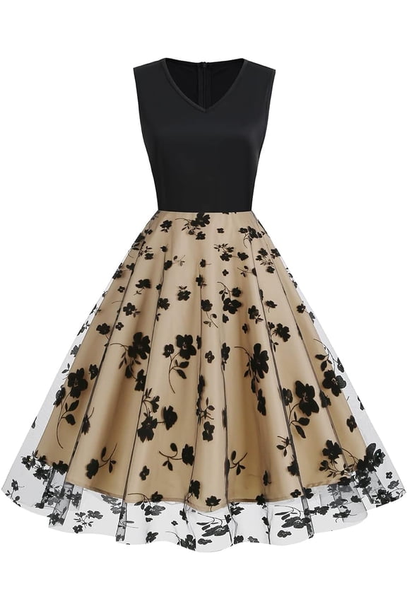 Women Keyhole Floral Embroidery Dress Sheer Mesh Illusion Vintage Cocktail Swing Dress Wedding Party Prom Tulle Evening Dress