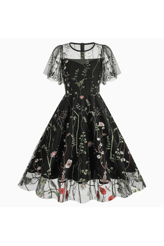 Women Keyhole Floral Embroidery Dress Sheer Mesh Illusion Vintage Cocktail Swing Dress Wedding Party Prom Tulle Evening Dress