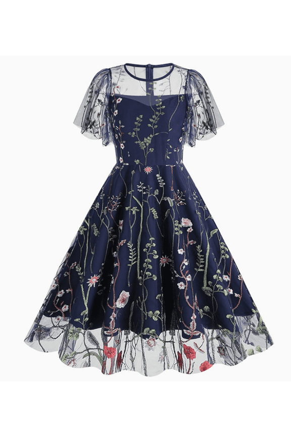 Women Keyhole Floral Embroidery Dress Sheer Mesh Illusion Vintage Cocktail Swing Dress Wedding Party Prom Tulle Evening Dress