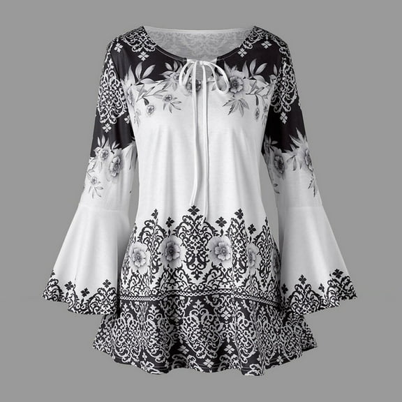 Women Keyhole Flower Print T-Shirt Plus Size Flare Sleeve Blouse Retro Lace Up Top Shirts Casual Comfy Tunic Tops
