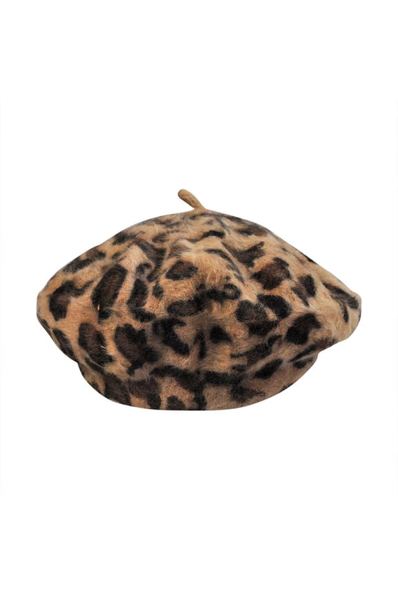 Women Khaki French Style Leopard Print Beret Beanie Hat Wool Winter Warm Cap