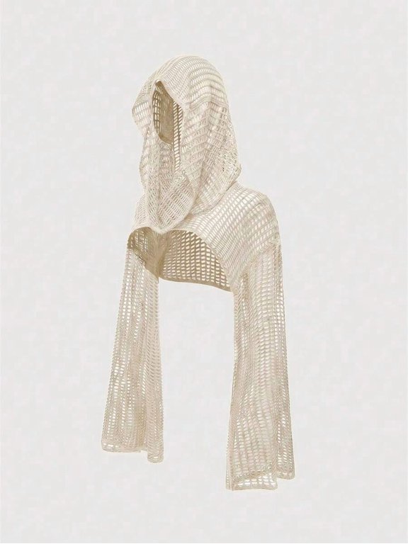 Women Khaki Open Weave Knit Hooded Crop Top With Long Bell Sleeves Casual