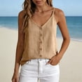 thumbnail image 1 of Women Khaki V Neck Button Front Spaghetti Strap Linen Tank Tops Loose Breathable Casual Summer Boho Sleeveless Tops Beige S, 1 of 6