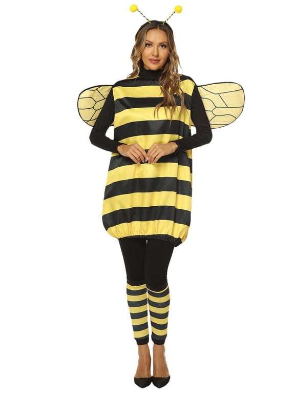 Women Kids Bee Cosplay Costume Set Halloween Bee Dress with Wings Headband Outfits