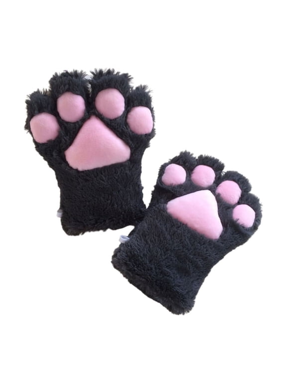 Women Kids Girls Winter Warm Full Finger Gloves Cute Cartoon Cat Paw Thicken Fuzzy Plush Mittens Anime Lolita Cosplay Costume Accessories