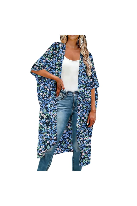 Women Kimono Cardigans Summer Open Front Beach Cover Ups Solid Color Casual Loose Shrug Blouse Sheer Sarong Shawl Tops Blue L