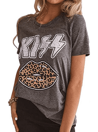 Plus Size Casual T-shirt, Women's Plus Leopard Lip Print Short