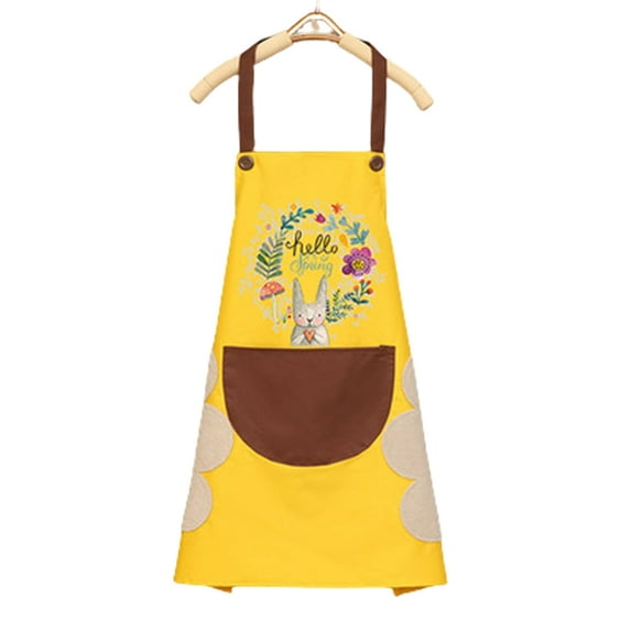 Women Kitchen Apron with Hand Wipe Pockets for Cooking Baking Wipeable Waterproof Oil-Proof Cartoon Wreath Rabbit Kitchen Nail Shop Apron