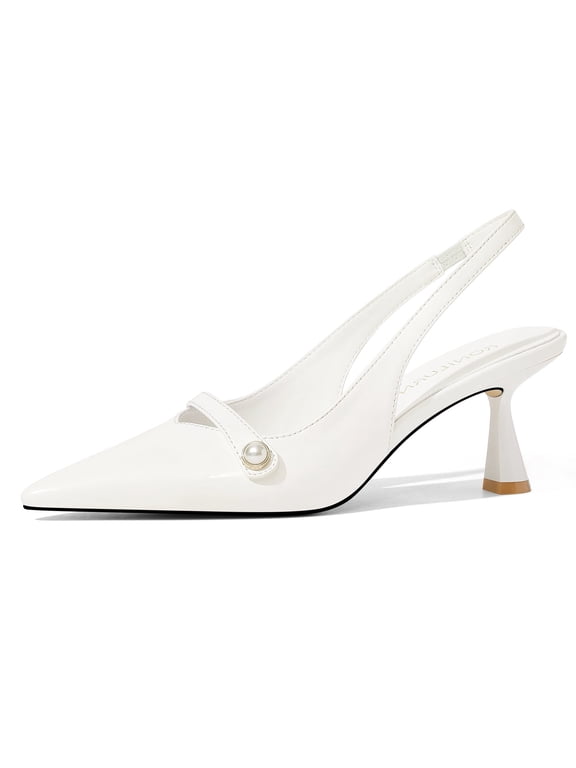 Women Kitten Heels Slingback Low Heel Pumps Dress Shoes for Women Closed Pointed Toe Pearl Heels for Work Wedding Bridal