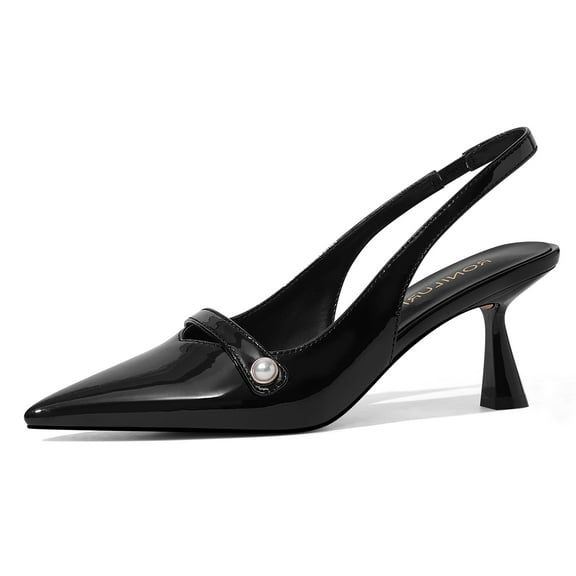 Women Kitten Heels Slingback Low Heel Pumps Dress Shoes for Women Closed Pointed Toe Pearl Heels for Work Wedding Bridal