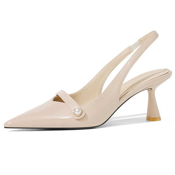 Women Kitten Heels Slingback Low Heel Pumps Dress Shoes for Women Closed Pointed Toe Pearl Heels for Work Wedding Bridal