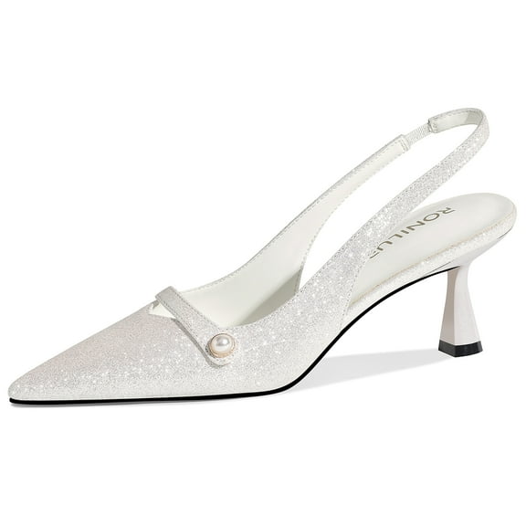 Women Kitten Heels Slingback Low Heel Pumps Dress Shoes for Women Closed Pointed Toe Pearl Heels for Work Wedding Bridal